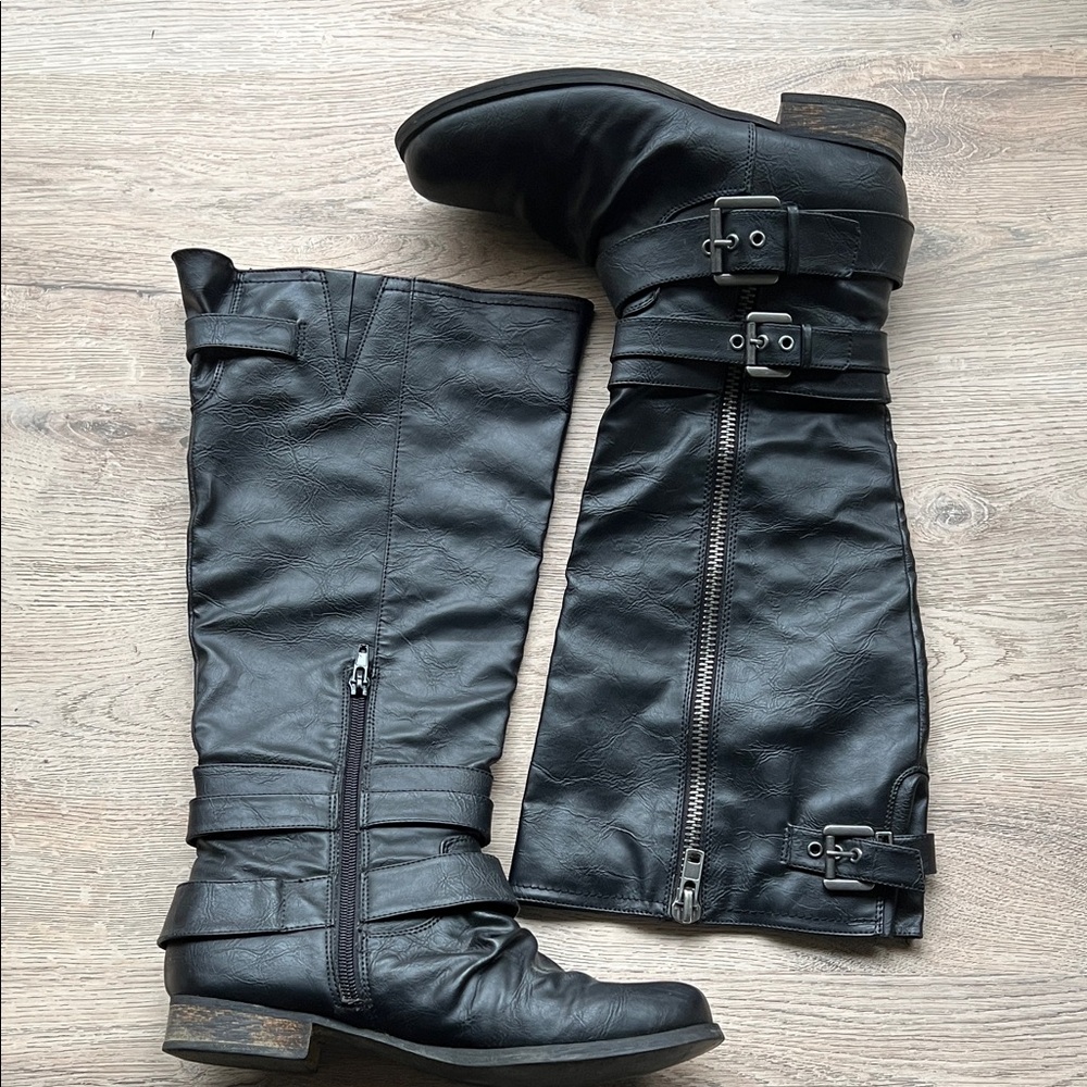 Black grunge moto buckle boots with zippers